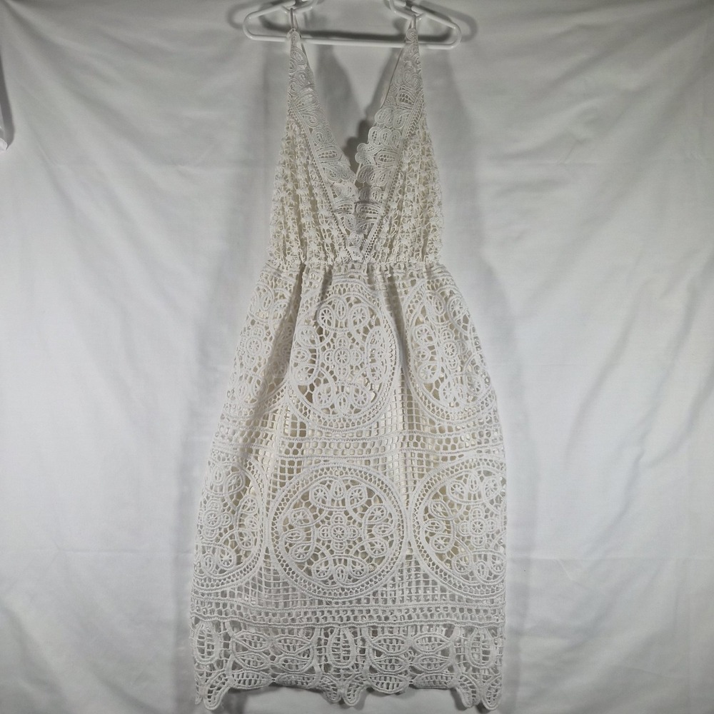 Boho Crochet Lace Halter Dress Womens M/S Ivory Open Back Lined